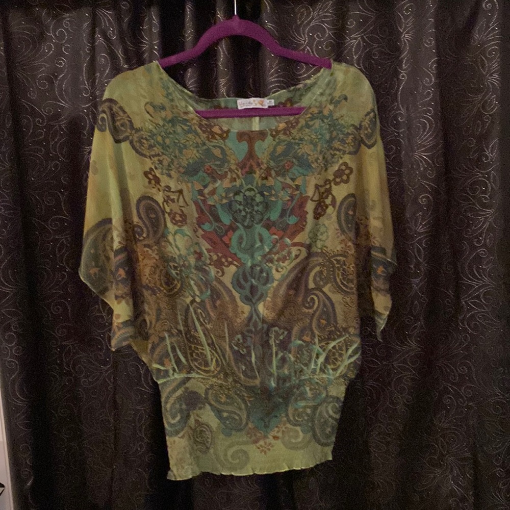 Unity World Wear Gorgeous gathered waist/hip, silky, semi sheer blouse.